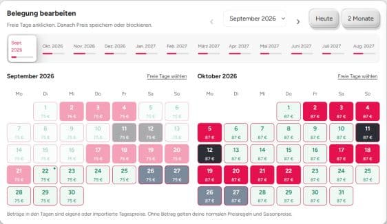 The calendar: availability, bookings and nightly prices together.