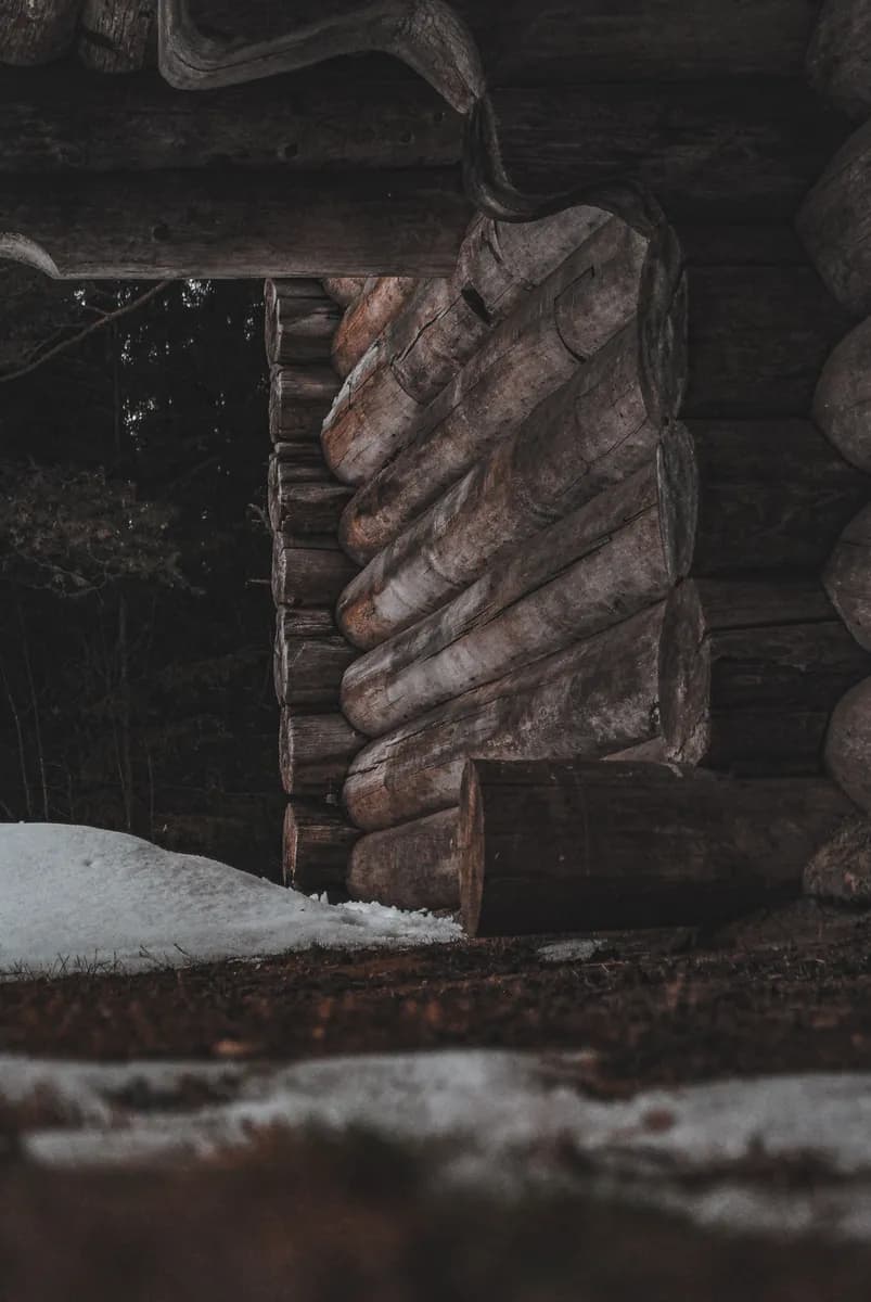 BookNoFees exempelbild: Snötäckt ingång till en timmerstuga byggd av mörka rundstammar