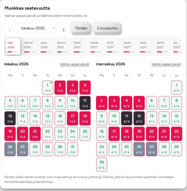 BookNoFees-varauskalenteri, jossa on esimerkkejä yöhinnista, varattuja päiviä ja varauksia.