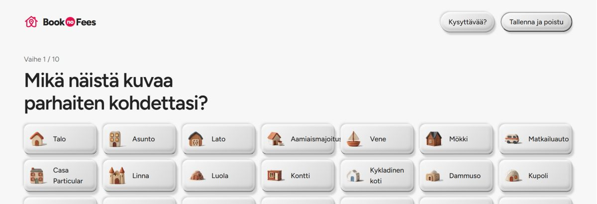 BookNoFees-ilmoituksen lisääminen: Valitse ensimmäisessä vaiheessa majoitustyyppi.