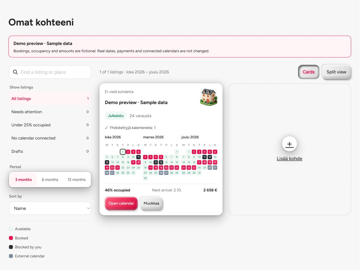BookNoFees-vuokranantajien yleiskatsaus, jossa on esimerkkimajoituksia, ilmoitusten tila ja kalenteri.