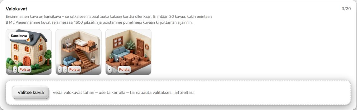 BookNoFees-ilmoituksen muokkaaminen: lisää valokuvia, muuta niiden järjestystä ja valitse kansikuva.