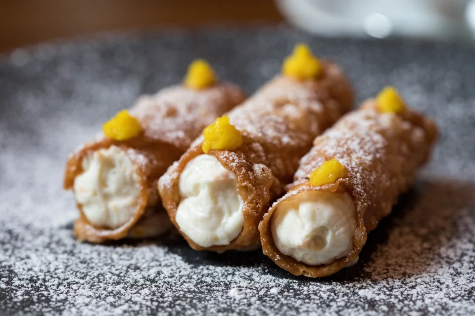 BookNoFees: Esimerkkikuva: Cannoli, jossa on kermainen täyte ja ripaus tomusokeria